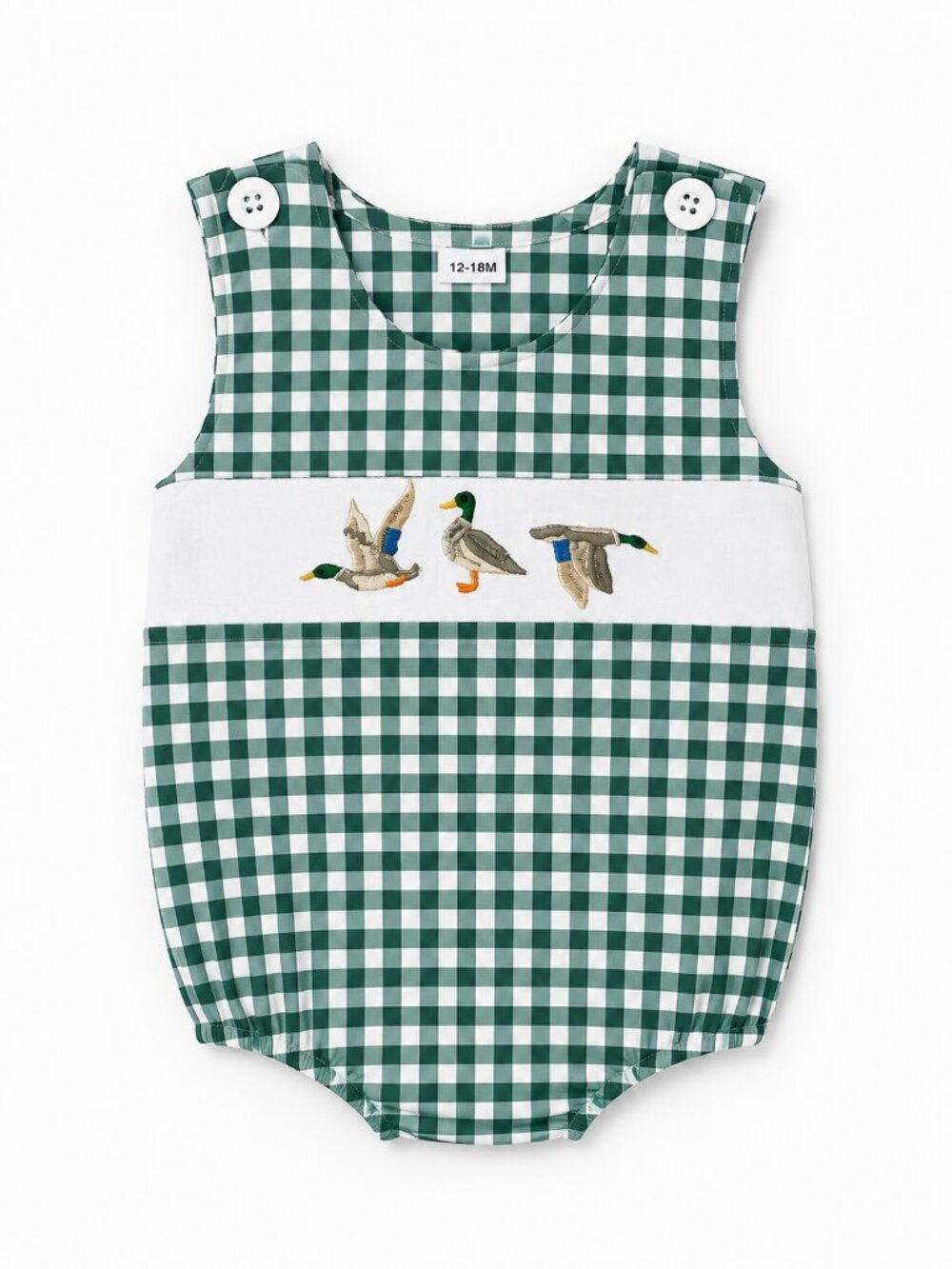 NWOT Baby Boy Jon Jon Romper 12-18M Embroidered Mallard Ducks Green Gingham